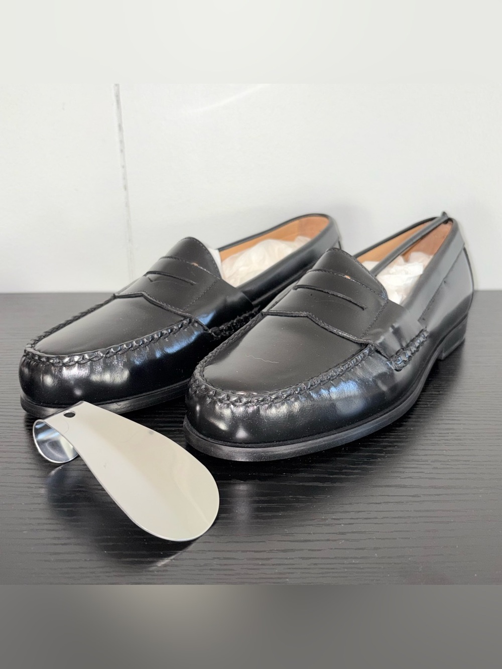 Johnston & Murphy Hayes Penny Loafers Black Sheepskin Leather Size 8.5 M NIB